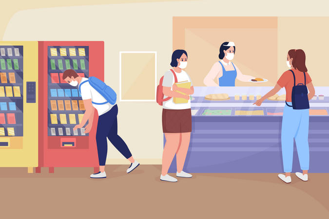 Students wearing mask in school cafe Illustration