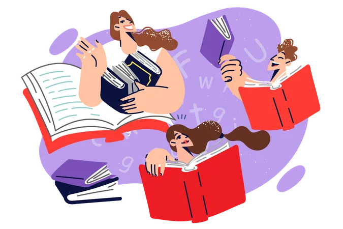 Students With Books For Studying Foreign Languages And Gaining New Knowledge Before Entering University Guys And Girls Students Hold Dictionaries Or Encyclopedias Of Different Sizes Illustration