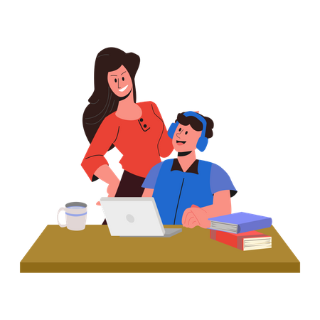 Studierende in Begleitung ihrer Eltern im Online-Studium  Illustration