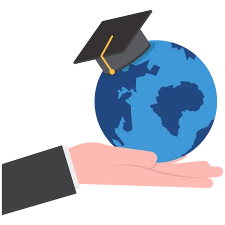 Study Abroad World Education Curriculum Overseas School College And University Or International Academic Concept Success Graduated Student Holding Globe Shape Wearing Academic Mortarboard Hat Illustration