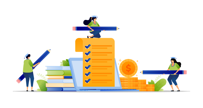 Study checklist exam quiz with laptop  Illustration