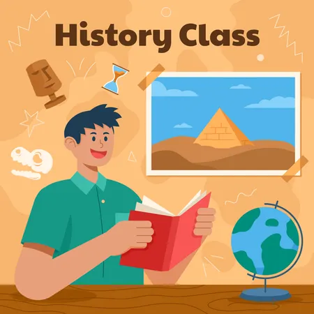 School Boy Reading Ancient World History Illustration