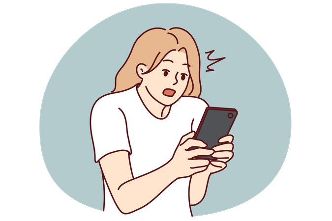 Stunned woman look at cellphone screen shocked  Illustration
