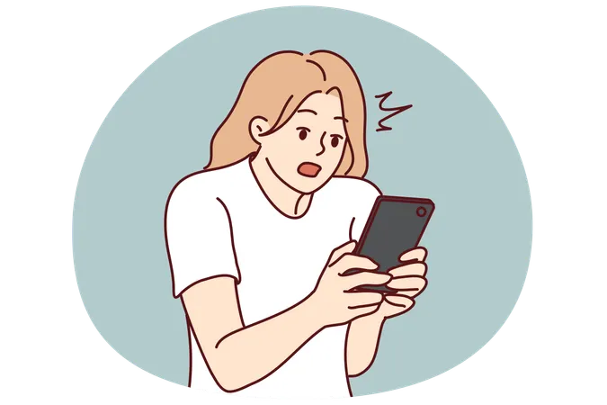 Stunned woman look at cellphone screen shocked  Illustration