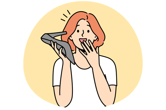 Stunned woman talk on shoe phone  Illustration