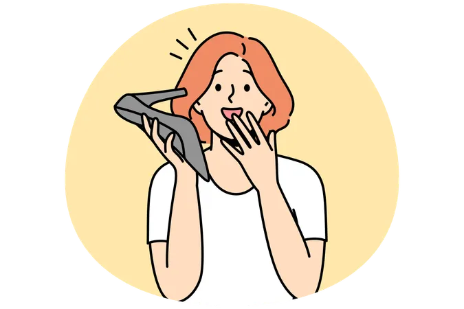 Stunned woman talk on shoe phone  Illustration