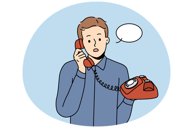 Stunned young man talk on landline phone  Illustration
