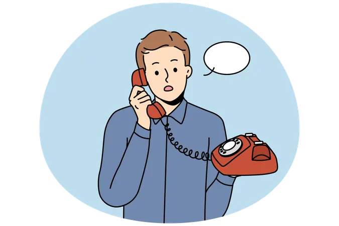 Stunned young man talk on landline phone  Illustration