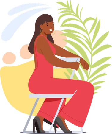 Stunning Black Woman Exudes Confidence In Red Overalls Seated Gracefully On A Chair Her Poised Pose Reflects Both Strength And Style A Vibrant Embodiment Of Self Assured Beauty Vector Illustration Illustration