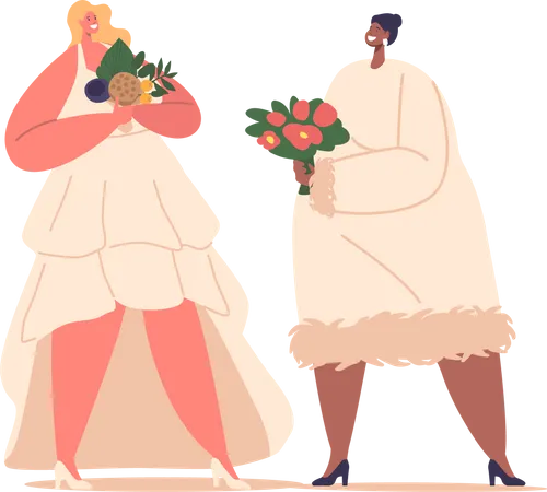 Stunning Plus Size Bride Characters Adorned With Flowers Radiating Confidence And Elegance On Special Day Celebrating Love And Embracing Beauty In All Shapes And Sizes Cartoon Vector Illustration Illustration