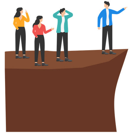 Stupid boss manager pointing order employees to jump off cliff  Illustration