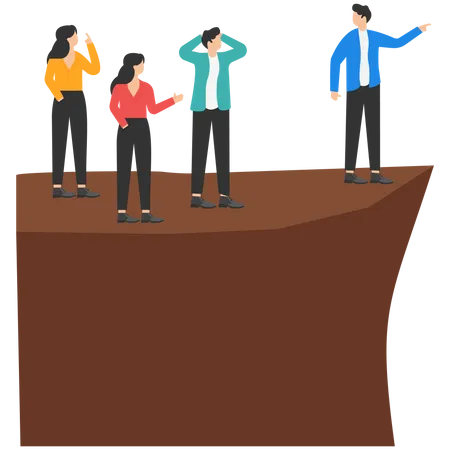 Stupid boss manager pointing order employees to jump off cliff  イラスト