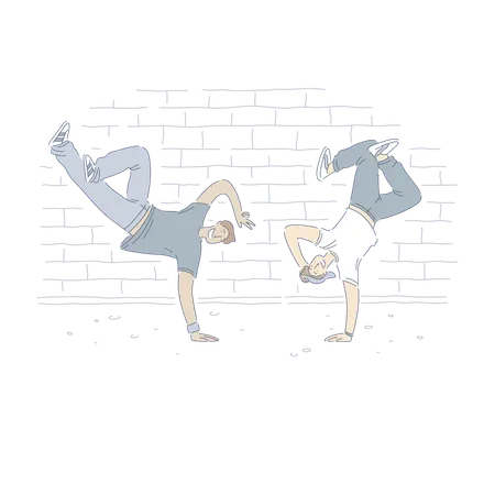Young Sportive Dancers Teenagers Dancing Breakdance Stylish Acrobatic Performance Street Hip Hop Banner Urban Freestyle Modern Culture Concept Cartoon Sketch Flat Vector Illustration Illustration