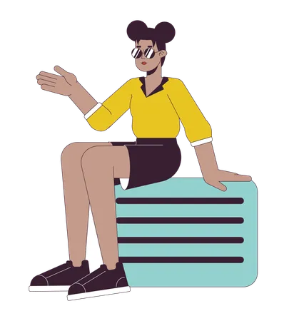 Stylish Afro American Girl Sitting On Valise Flat Line Color Vector Character Editable Outline Full Body Person On White Luggage Young Woman Simple Cartoon Spot Illustration For Web Graphic Design Illustration
