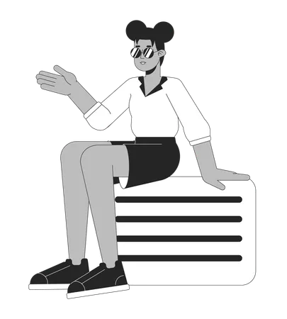 Stylish Afro American Girl Sitting On Valise Flat Line Black White Vector Character Editable Outline Full Body Person Luggage Woman Simple Cartoon Isolated Spot Illustration For Web Graphic Design Illustration