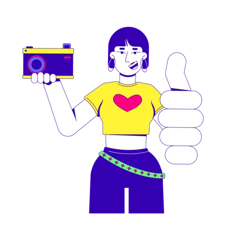 Stylish asian girl holding retro camera and thumb up gesture  Illustration