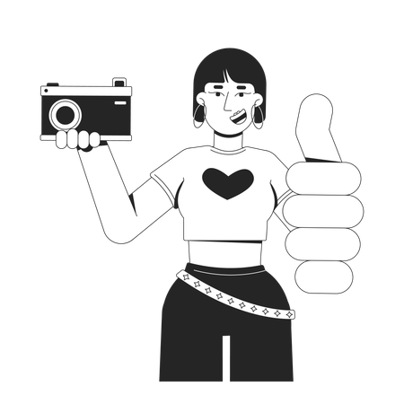 Stylish asian girl holding retro camera and thumb up gesture  Illustration