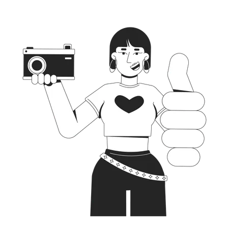 Stylish asian girl holding retro camera and thumb up gesture  Illustration