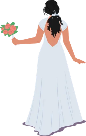 Stylish Bride In Elegant Dress With Open Back Rear View Isolated On White Background Beautiful Female Character With Bouquet And Long Gown For Wedding Ceremony Cartoon People Vector Illustration Illustration