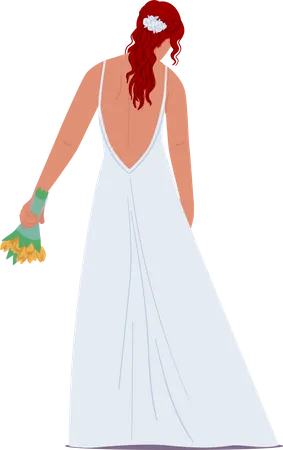 Stylish Redheaded Bride In Elegant Long Dress Rear View Isolated On White Background Beautiful Romantic Lady In Fashioned Apparel Girl Character Wedding Ceremony Cartoon People Vector Illustration Illustration