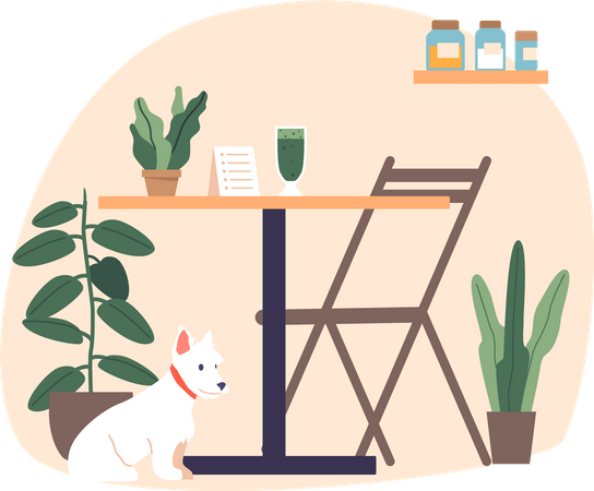 Stylish Cafe Table With Dog  Illustration