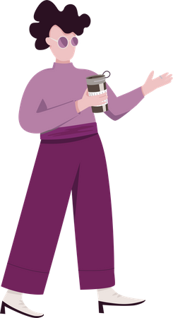 Stylish girl in sunglasses with thermo coffee cup  Illustration