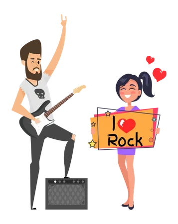 Stylish guitarist and happy young girl fan  Illustration