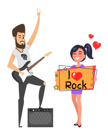 Stylish guitarist and happy young girl fan  Illustration