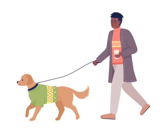 Stylish man with coffee walking dog on leash  Illustration