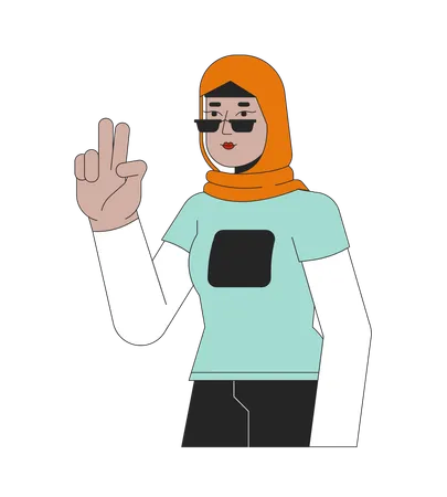 Stylish Muslim Woman Showing Victory Sign 2 D Linear Cartoon Character Sunglasses Hijab Woman Selfie Taking Isolated Line Vector Person White Background Two Fingers Up Color Flat Spot Illustration Illustration