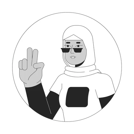 Stylish Muslim Woman Showing Victory Black And White 2 D Vector Avatar Illustration Sunglasses Hijab Woman Selfie Taking Outline Cartoon Character Face Isolated Two Fingers Up Flat User Profile Image Illustration