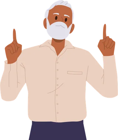 Stylish old grey-haired man pointing two finger upward  Illustration