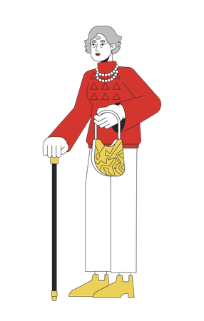 Stylish old woman with walking cane  Illustration