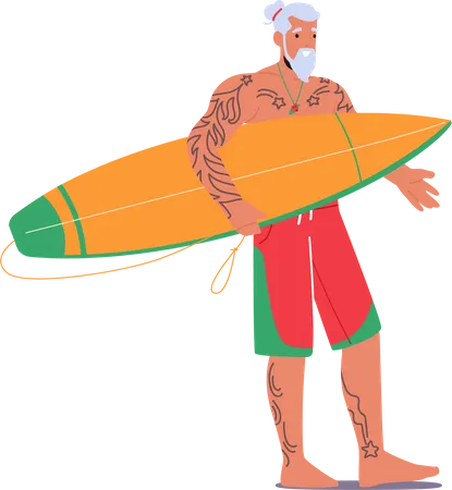 Stylish Santa Claus Christmas Character Stand With Surfing Board Trendy Father Noel With Tattoo Wearing Red Swimming Shorts Relax At Tropical Ocean Beach On Xmas Holidays Cartoon Vector Illustration Illustration