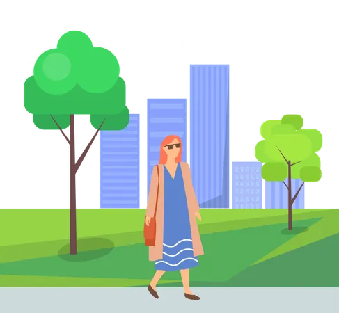 Stylish woman goes for walk in garden  Illustration