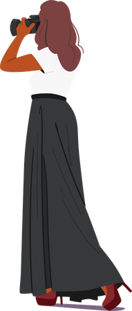 Stylish Woman In A Long Black Skirt And White Top Taking Photographs With A Camera. Cartoon Vector Image  Illustration