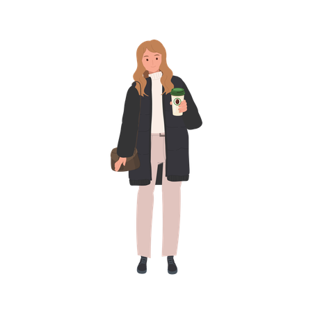 冬のコートを着て屋外で熱いコーヒーを楽しむスタイリッシュな女性  イラスト