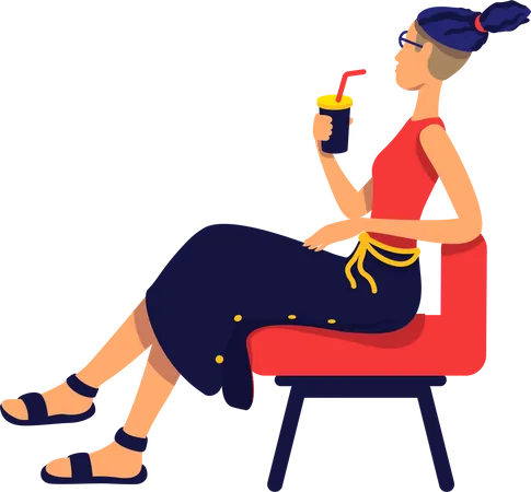 Stylish Woman With Cocktail Beverage Sitting On Chair Semi Flat Color Vector Character Full Body Person On White Relaxation Simple Cartoon Style Illustration For Web Graphic Design And Animation Illustration