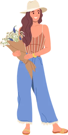 Stylish young woman holding spring flower bouquet  Illustration