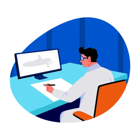 Submarine engineer working on submarine design  Illustration
