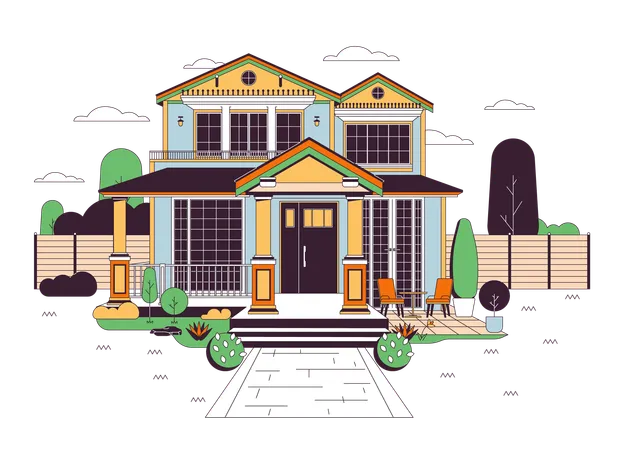 Suburban Home Front Yard Line Cartoon Flat Illustration Craftsman Home Front View Two Story House 2 D Lineart Object Isolated On White Background Real Estate Housing Scene Vector Color Image Illustration