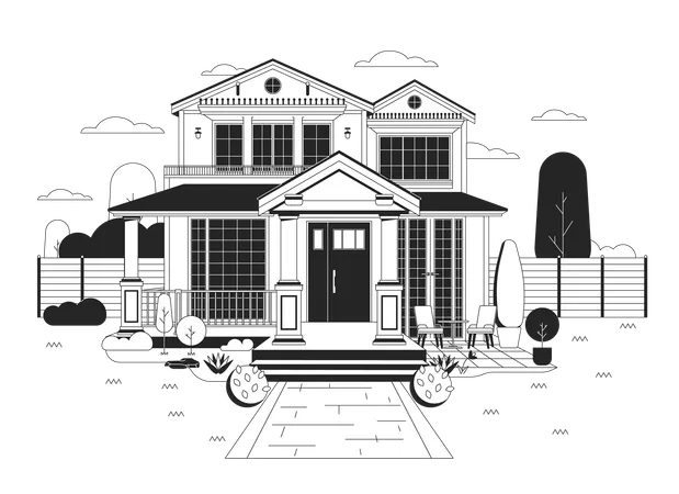 Suburban Home Front Yard Black And White Cartoon Flat Illustration Craftsman Home Front View Two Story House 2 D Lineart Object Isolated Real Estate Housing Monochrome Scene Vector Outline Image Illustration