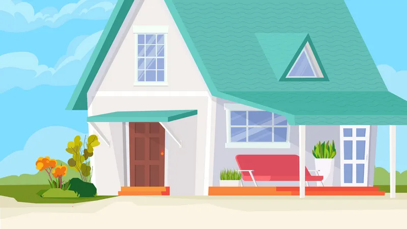 Suburban House Building View Banner In Flat Cartoon Design Exterior Of Country House With Windows Doors And Terrace Cottage At Village Rural Realty Estate Vector Illustration Of Web Background Illustration