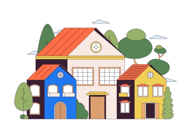 Suburban Houses 2 D Linear Cartoon Object Neighborhood Residential Trees Homes Isolated Line Vector Element White Background Estate Properties Suburb Community Color Flat Spot Illustration Illustration