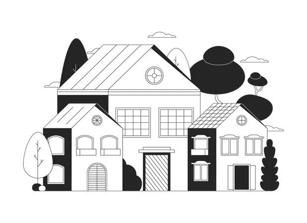 Suburban Houses Black And White 2 D Line Cartoon Object Neighborhood Residential Trees Homes Isolated Vector Outline Item Estate Properties Suburb Community Monochromatic Flat Spot Illustration Illustration