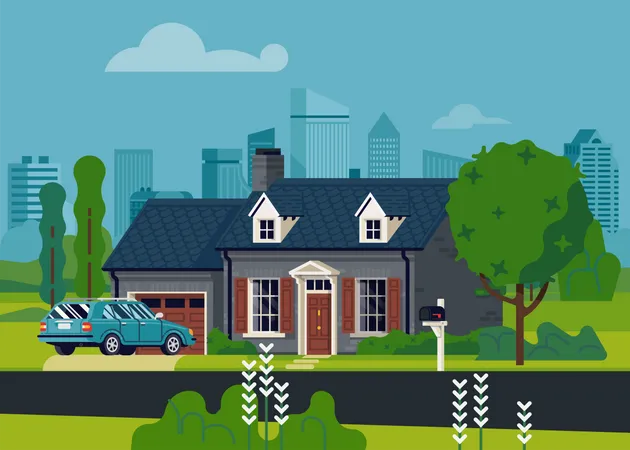 Suburban single family house with large city in the background Illustration