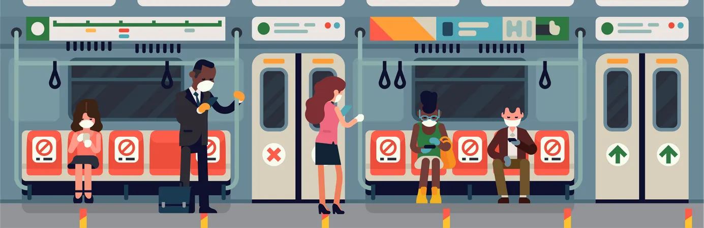 Subway commuters during coronavirus pandemic safety measures campaign Illustration