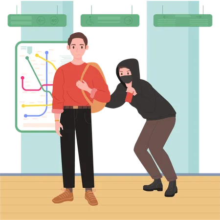 Subway Theft Vector Illustration Cartoon Male Robber Character Stealing Wallet Or Mobile Phone From Careless Passenger With Backpack People Standing At Road Map In Interior Of Metro Public Station 일러스트레이션