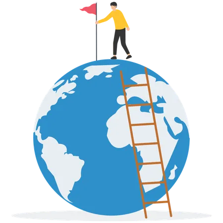 Un homme d'affaires prospère grimpe sur une échelle en tenant le drapeau gagnant sur le globe  Illustration