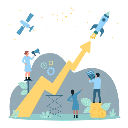 Cartoon Tiny People Launch Fast Rocket Chart Arrow Growth Entrepreneur Characters Start New Ideas Power Breakthrough Innovation Project Success Business Startup Dark Concept Vector Illustration Illustration